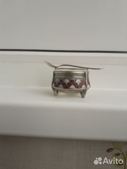 Горчичница с ложечкой мельхиор эмаль СССР