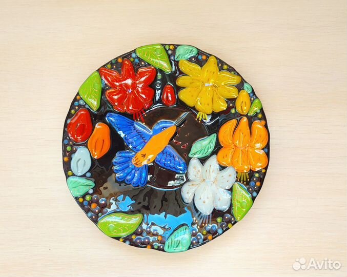 Тарелка птичкой из стекла ручной работы