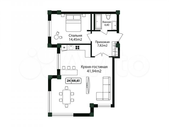 2-к. квартира, 68,6 м², 2/12 эт.