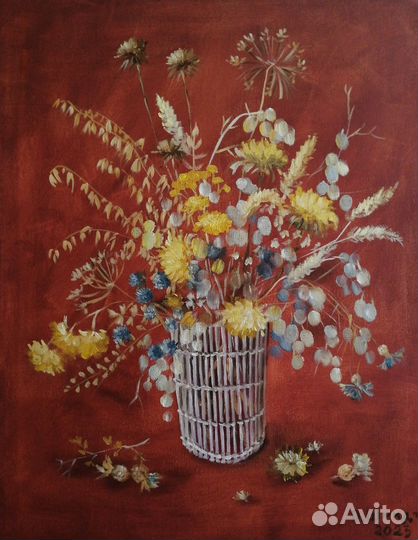 Сухоцветы. Картина маслом на холсте с подрам 50х40