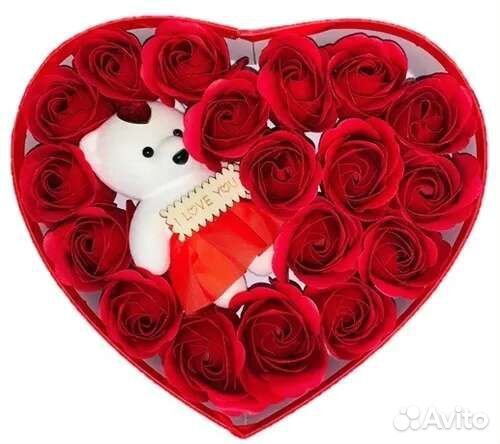 Мыло.Мыльные розы с мишкой в коробке на подарок