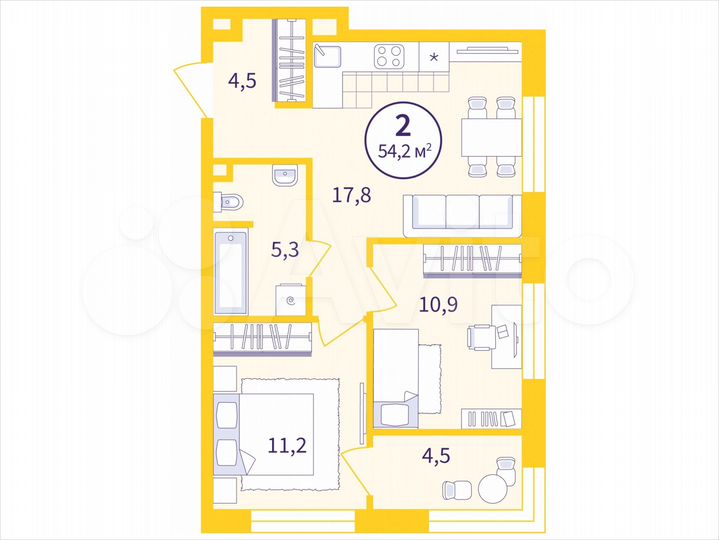 2-к. квартира, 52 м², 2/32 эт.