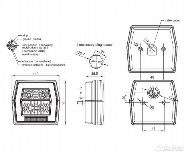 Фонарь задний на прицеп FT-121 T LED с освещ.ном