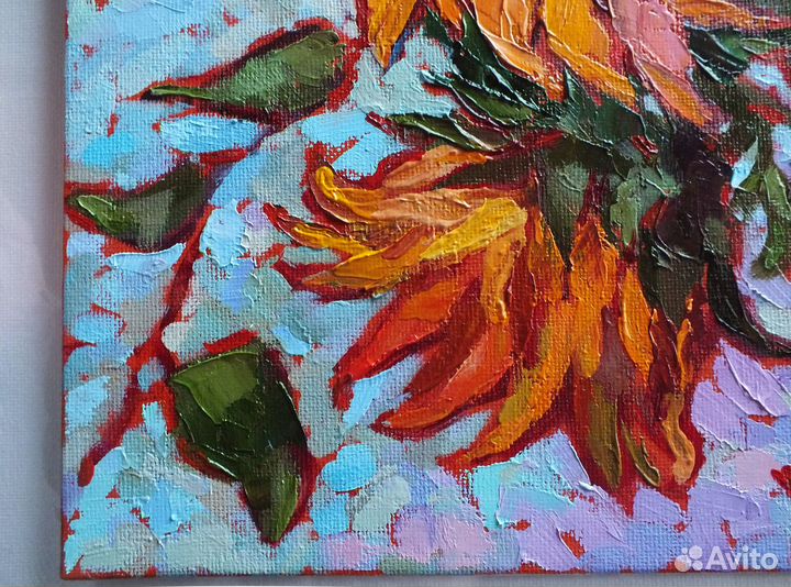 Картина маслом с подсолнухами 30х30 см
