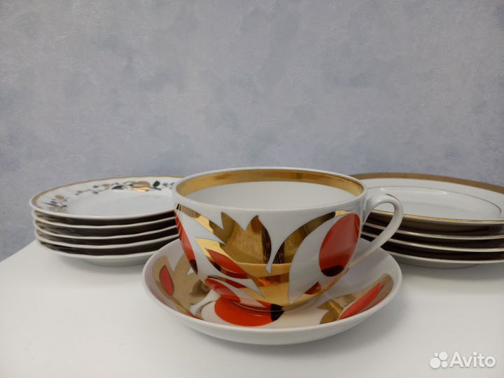 Десертные тарелки Золотая роза, лфз и чайная пара