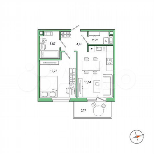 1-к. квартира, 40,4 м², 4/9 эт.