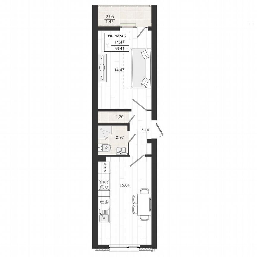1-к. квартира, 38,4 м², 4/4 эт.