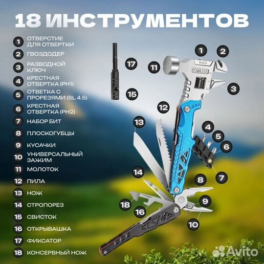 Мультитул туристический 18в1, молоток, плоскогубцы