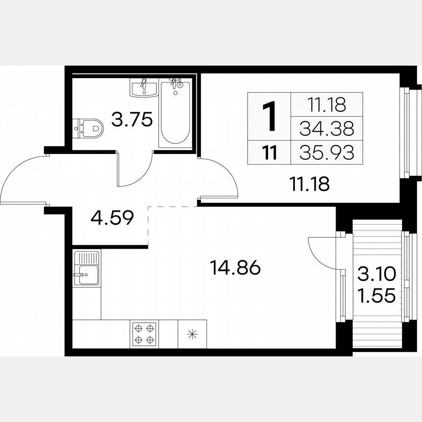 1-к. квартира, 35,9 м², 3/15 эт.