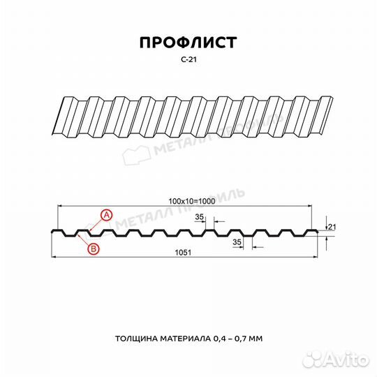 Профнастил (м2) С-21 Полиэстер 0,45 мм, Цвет Ral 3005, Покрытие Полиэстер, Толщина металла 0,45 мм