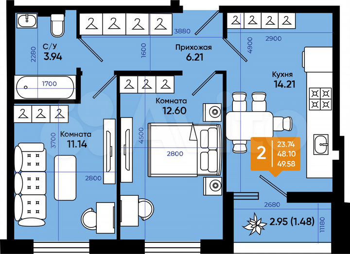 1-к. квартира, 49,6 м², 9/9 эт.