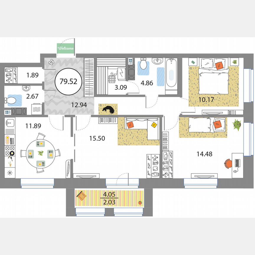 3-к. квартира, 79,5 м², 8/12 эт.