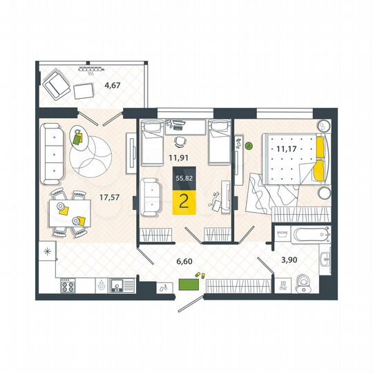 2-к. квартира, 55,8 м², 7/8 эт.
