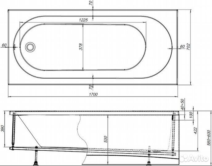 Акриловая ванна Aquanet Lotos 170x70 с каркасом