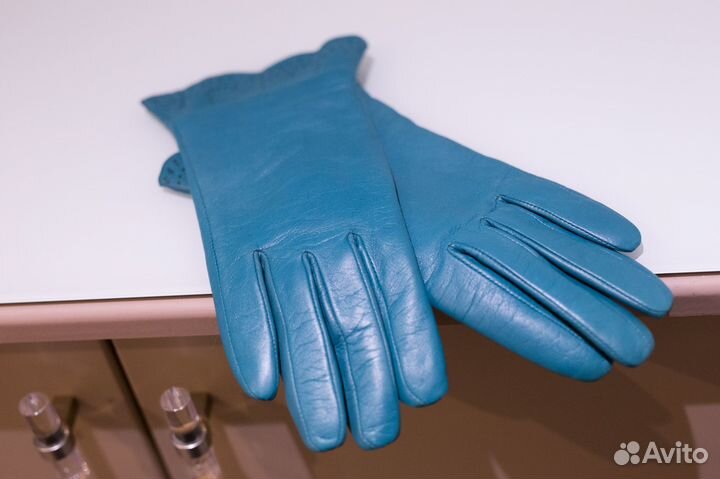 Кожаные женские перчатки бирюзовые 7