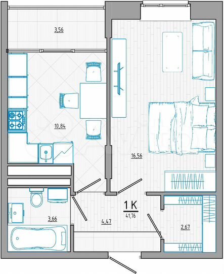 1-к. квартира, 41,8 м², 6/8 эт.