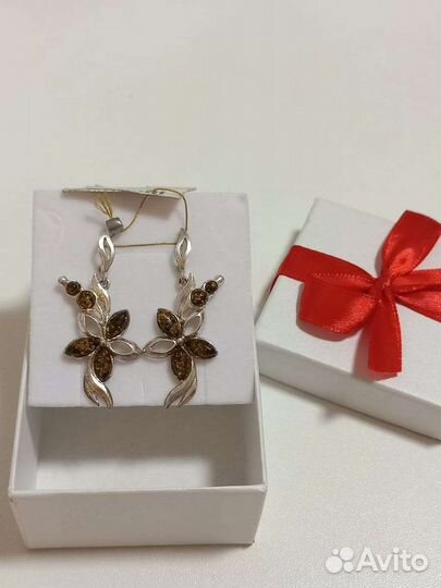 Серебряные серьги с янтарём, 925. Новые