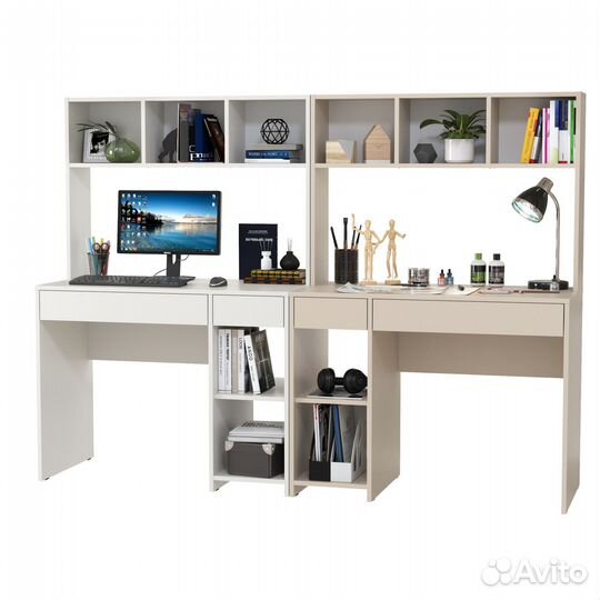 Два рабочих компьютерных стола Mobi Комфорт 12.77F цвет белый шагрень/сатин