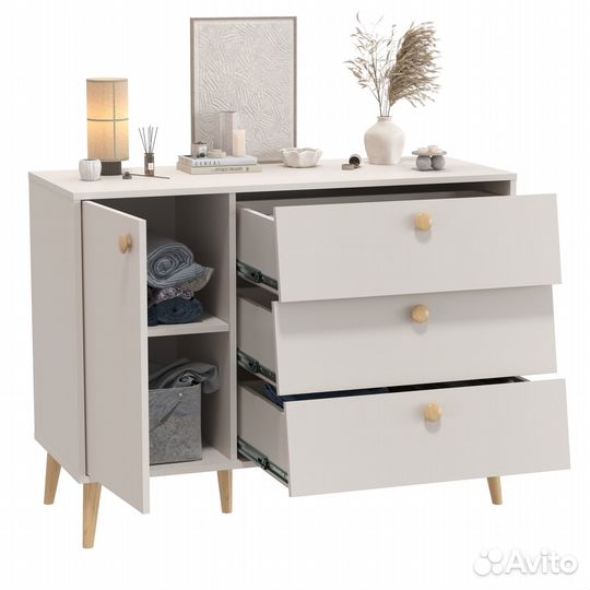 Комод с дверкой и тремя ящиками Афина 4-44901, цвет кашемир серый, 110х45,3х83 см