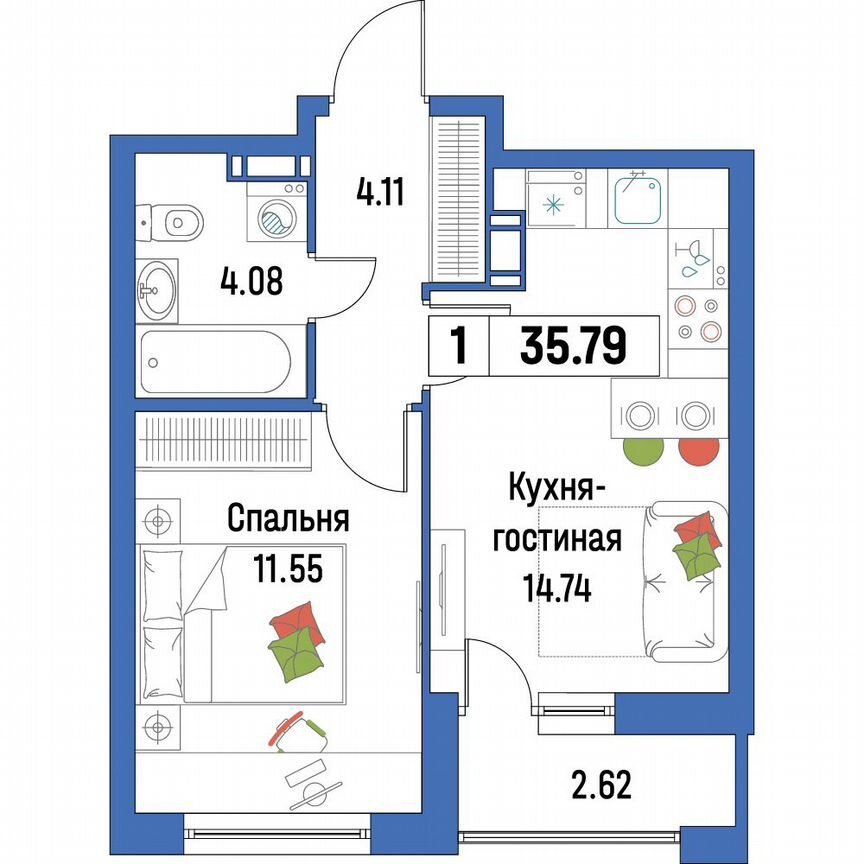 1-к. квартира, 35,8 м², 12/16 эт.