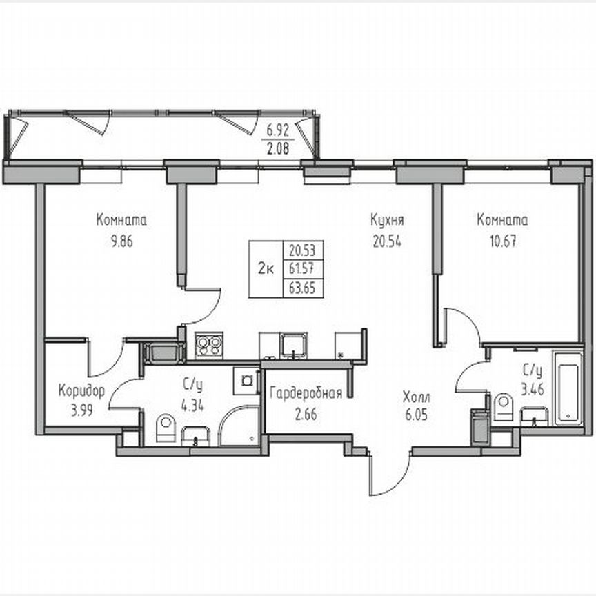 2-к. квартира, 63,7 м², 6/23 эт.