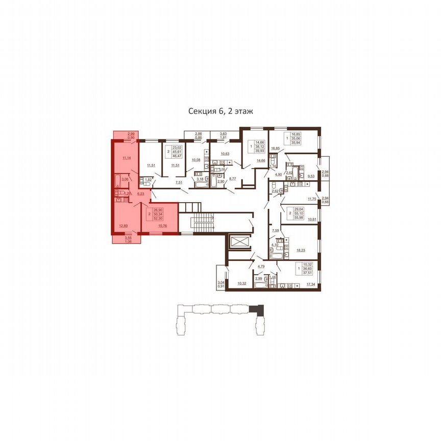 2-к. квартира, 52,3 м², 2/6 эт.