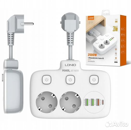 Сетевой фильтр ldnio SE2435, 2 розетки+Type-C 20W