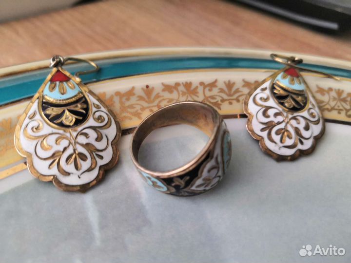 Кольцо Серьги СССР Кубачи Эмаль Серебро