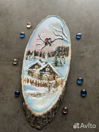Картина маслом на спиле дерева Зима Деревня 28х12
