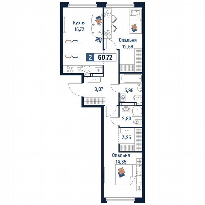 2-к. квартира, 60,7 м², 12/18 эт.