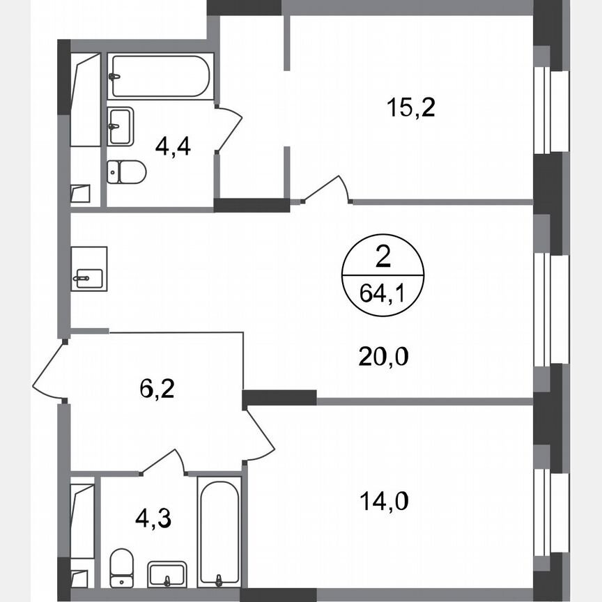 2-к. квартира, 64,1 м², 17/20 эт.