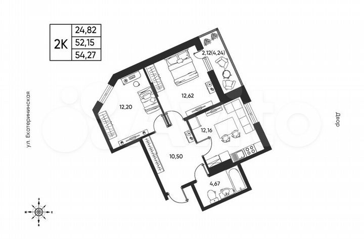 2-к. квартира, 54,3 м², 6/6 эт.
