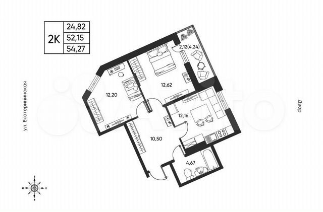 2-к. квартира, 54,3 м², 6/6 эт.