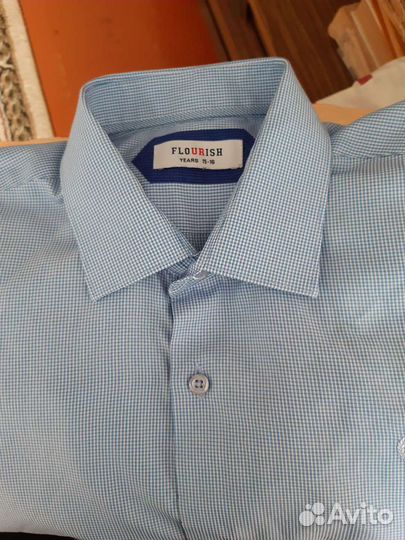 Сорочка мальчик. 15-16 лет. Голубая в мелкую клето