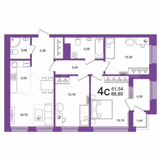4-к. квартира, 88,9 м², 2/25 эт.