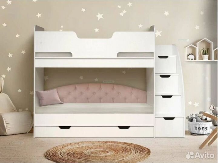Детская кровать 2 яруса лестницей комод