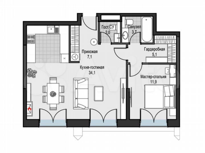 2-к. квартира, 64,2 м², 26/28 эт.