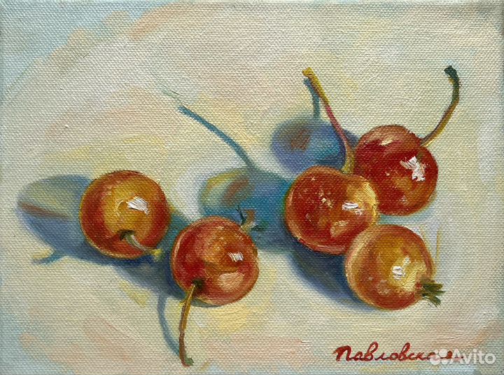 Картина маслом натюрморт, ранетки, 18/24 см