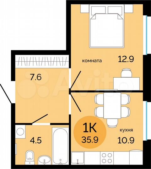 1-к. квартира, 35,9 м², 12/17 эт.