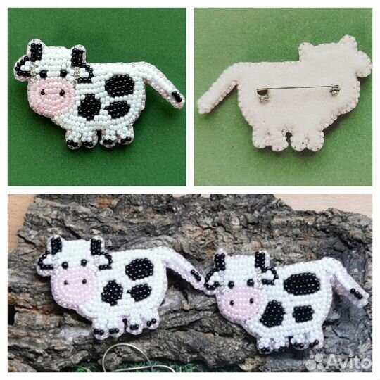 Брошка из бисера коровка