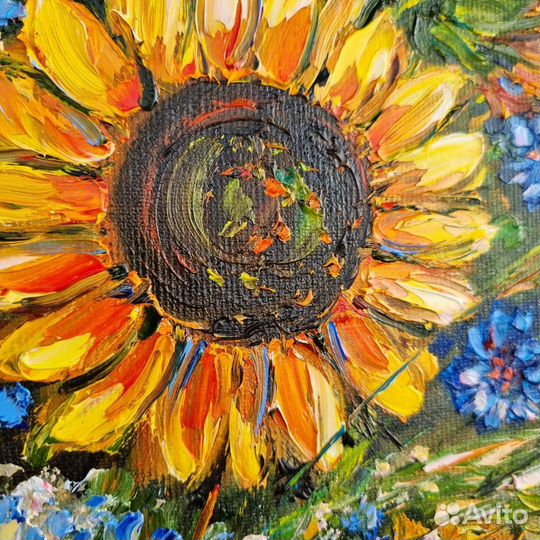 Цветы подсолнухи васильки картина маслом на холсте