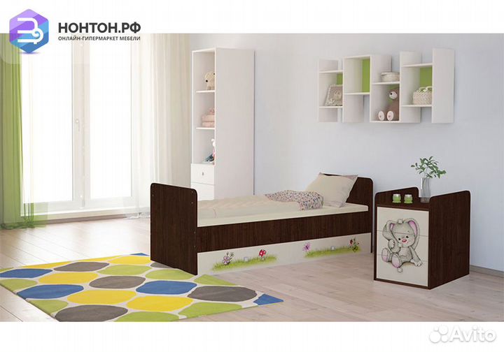 Кровать детская Фея 1100 принт Зайчонок / венге