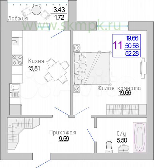1-к. квартира, 52,3 м², 3/7 эт.