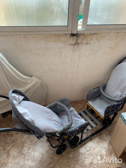 Коляска санки для двоих детей с колесами