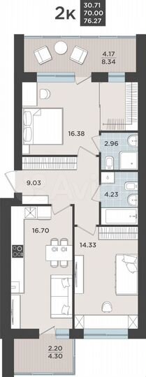 2-к. квартира, 70 м², 8/9 эт.