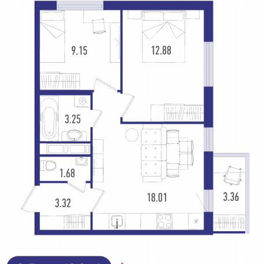 2-к. квартира, 49 м², 11/12 эт.