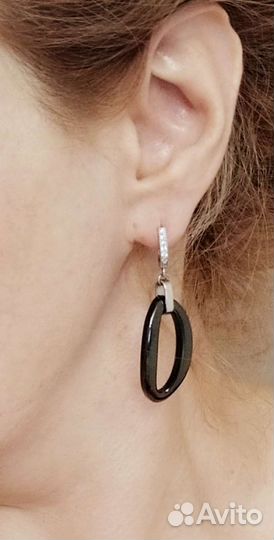 Серьги с подвеской с чёрным керамикой