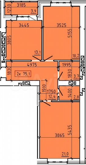 2-к. квартира, 75,1 м², 6/9 эт.