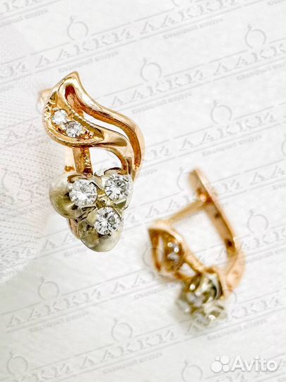 Золотые серьги СССР с бриллиантами 583 / 3.78 гр