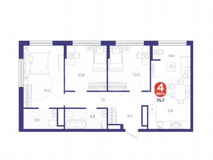 4-к. квартира, 75,7 м², 2/25 эт.